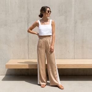 Alysi Tan Satin Striped High-rise Wide Leg Pants